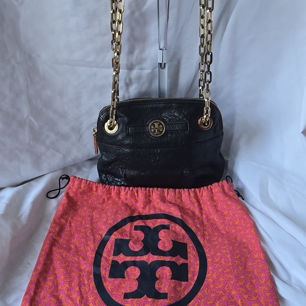 Vintage Tory Burch Black Shoulder Bag with Gold Chain